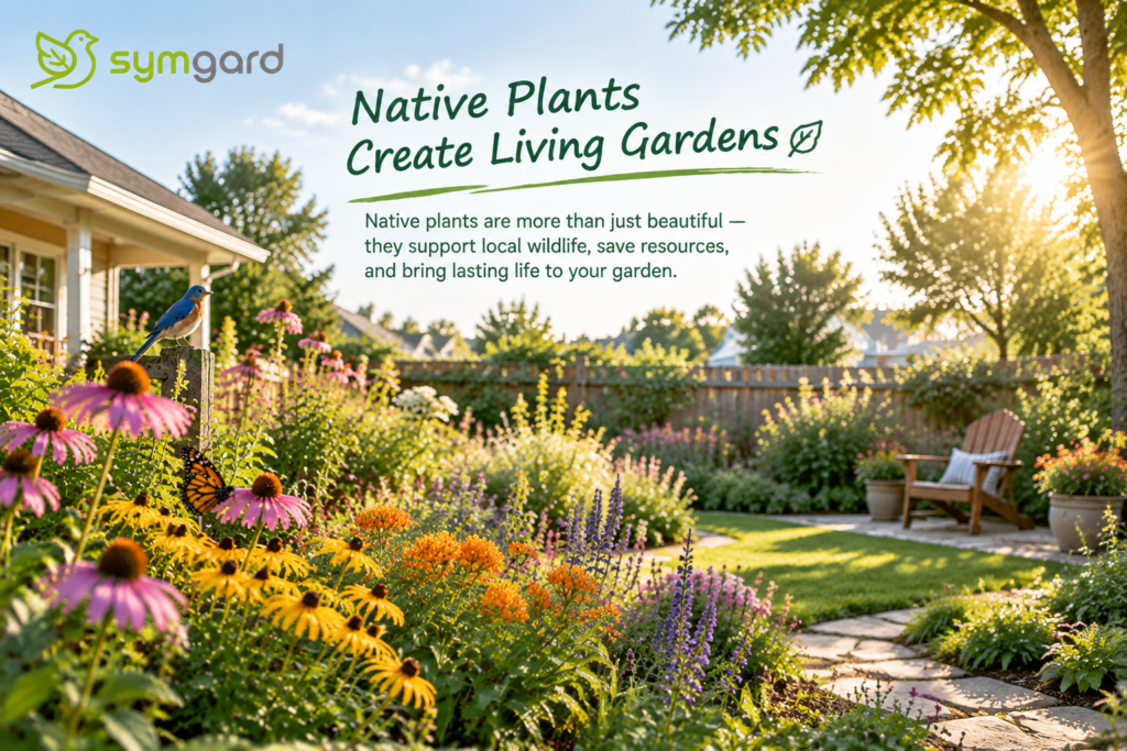 Native plants backyard garden design with flowers and wildlife
