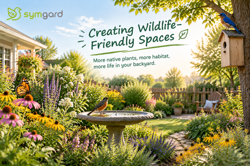 Wildlife friendly backyard garden with birds and native plants