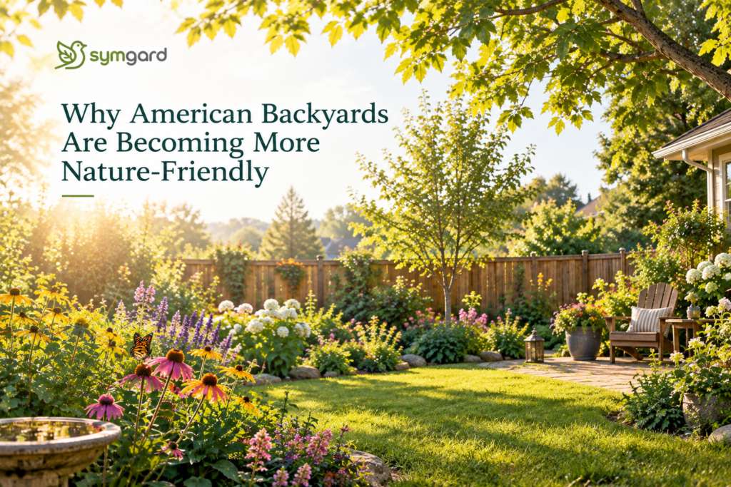 Nature-friendly American backyard with lawn, flowers, trees and wooden fence