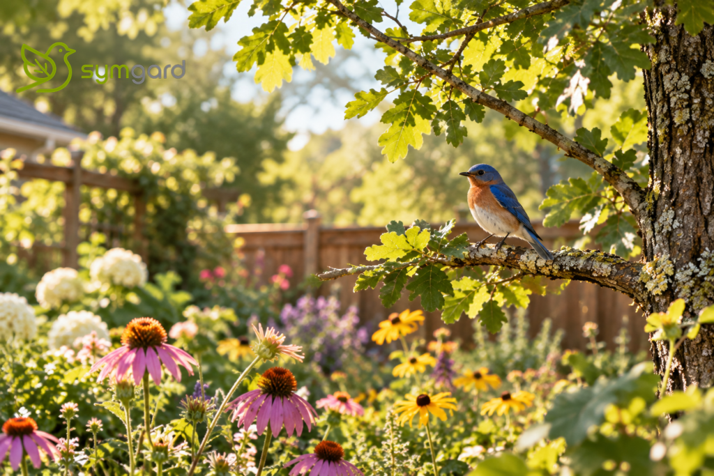 Bird-friendly backyard with a bird among trees and flowers