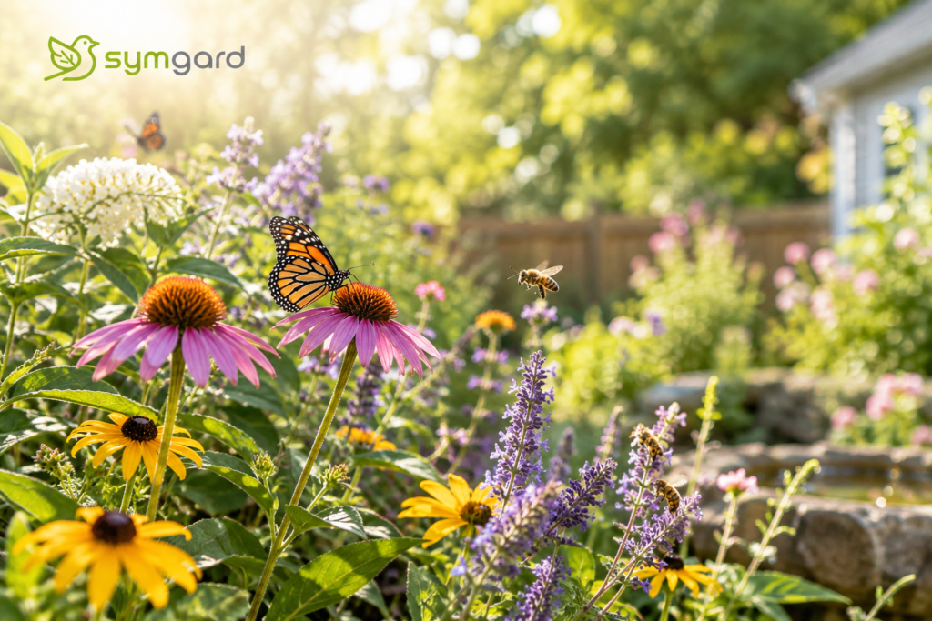 Native garden plants with butterflies and bees in a backyard ecosystem