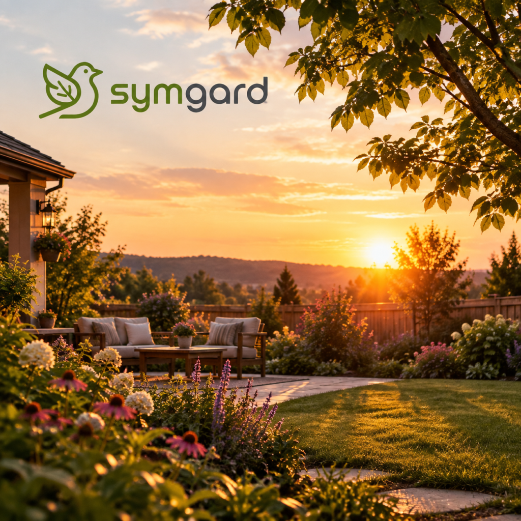 Symgard nature-inspired outdoor living brand logo in a peaceful backyard garden at sunset