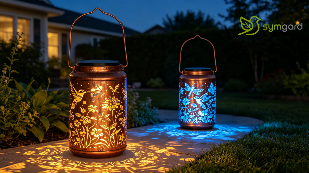 Soft outdoor lighting creating a warm atmosphere in an American backyard at dusk